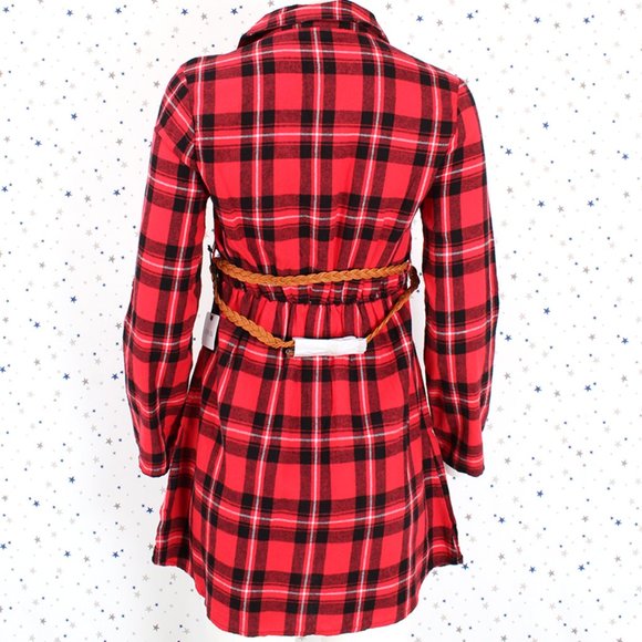 Plaid Button Up Shirt Dress with Belt Red Black - Picture 5 of 9
